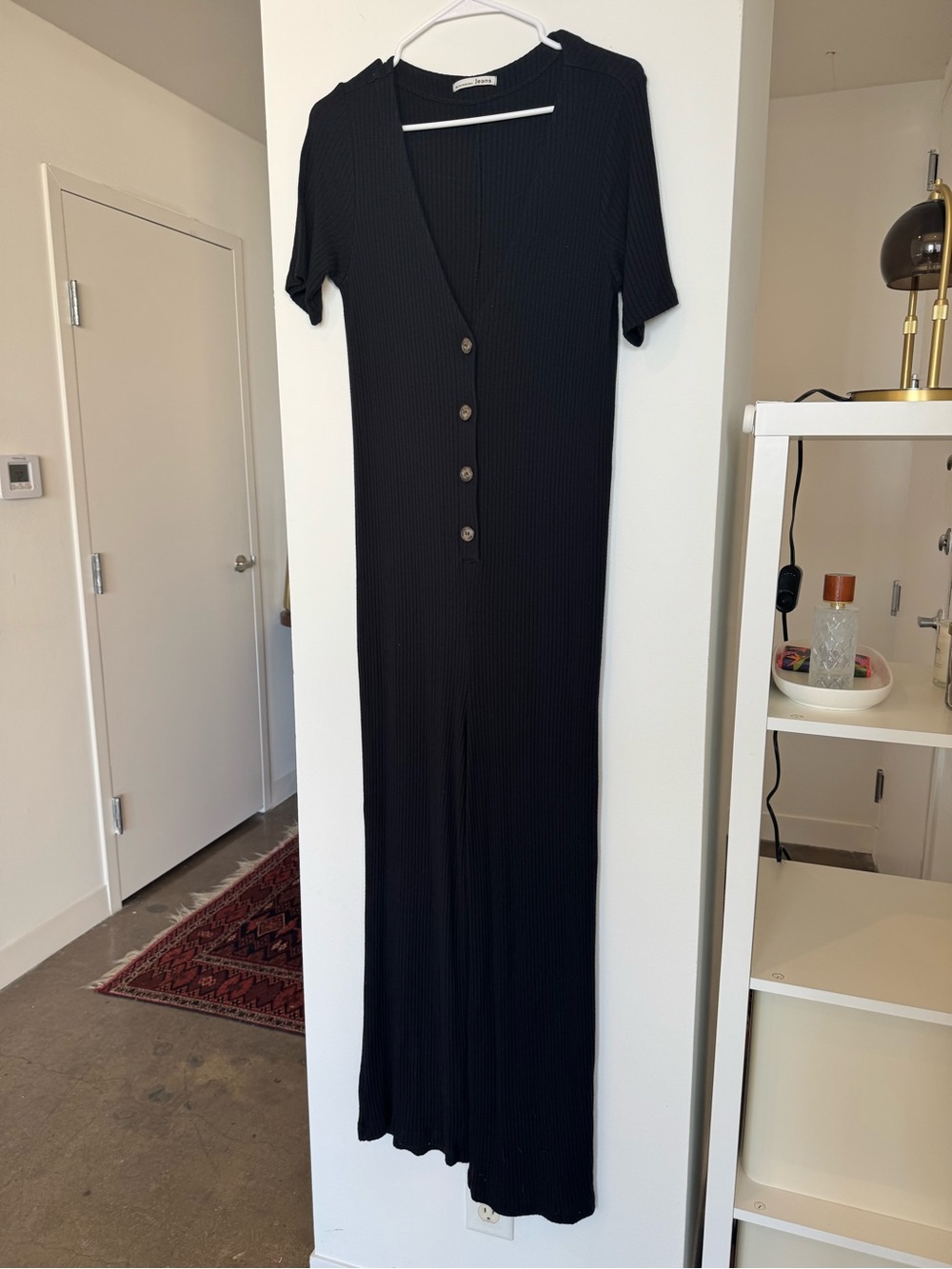 Reformation Black Ribbed Button-Front Jumpsuit